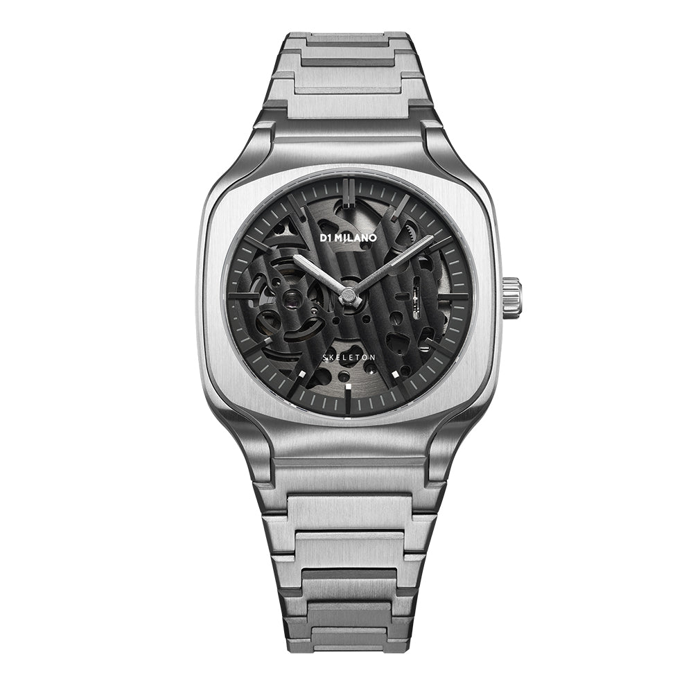 Men Square Skeleton Silver Watch
