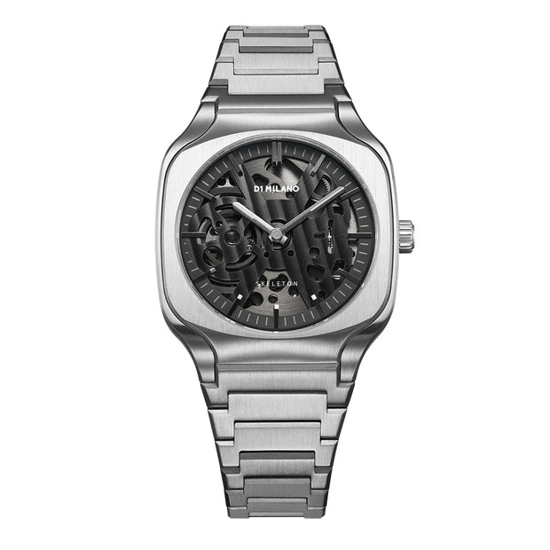Men Square Skeleton Silver Watch