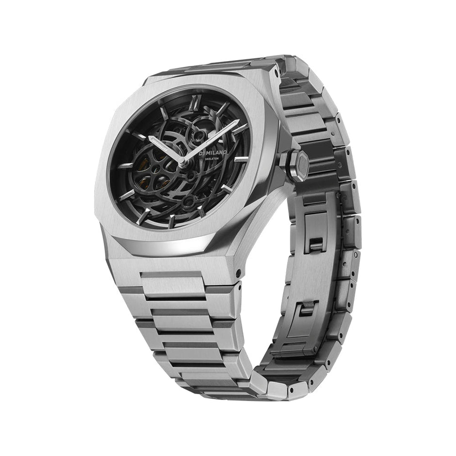 Men Skeleton Silver Watch
