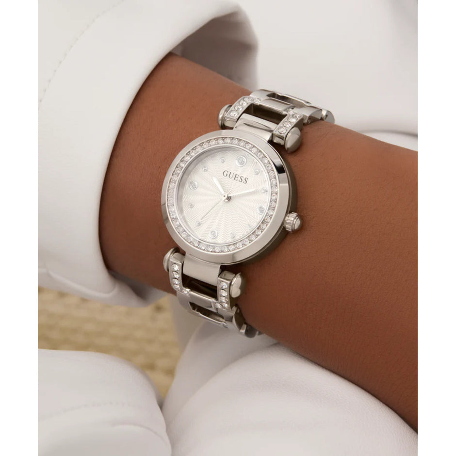 Women Guess Bejeweled Silver Watch