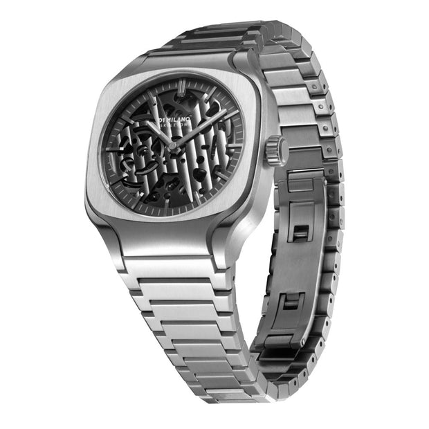 Men Square Skeleton Silver Watch