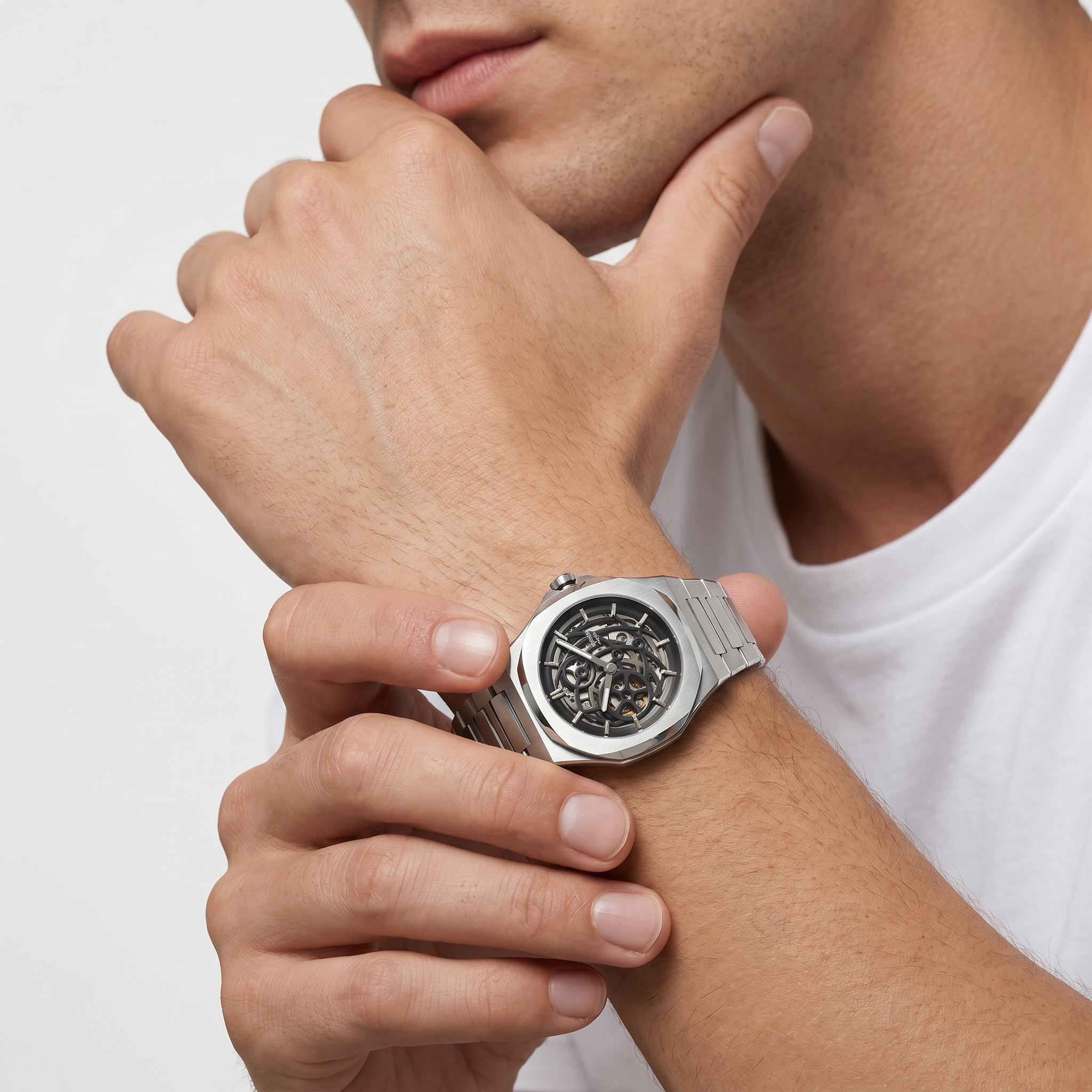 Men Skeleton Silver Watch
